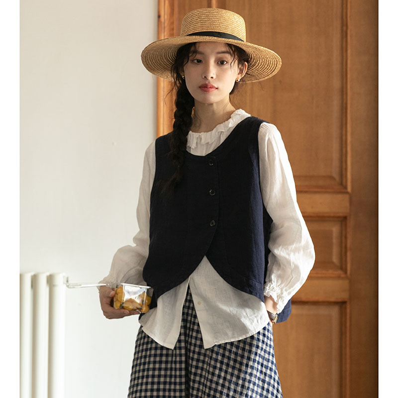 女士秋季棉麻花瓣領長袖襯衫+短款馬甲