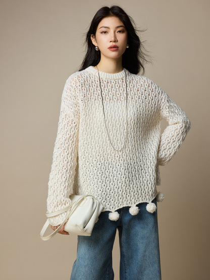 女士春秋100羊毛鏤空針織毛衣