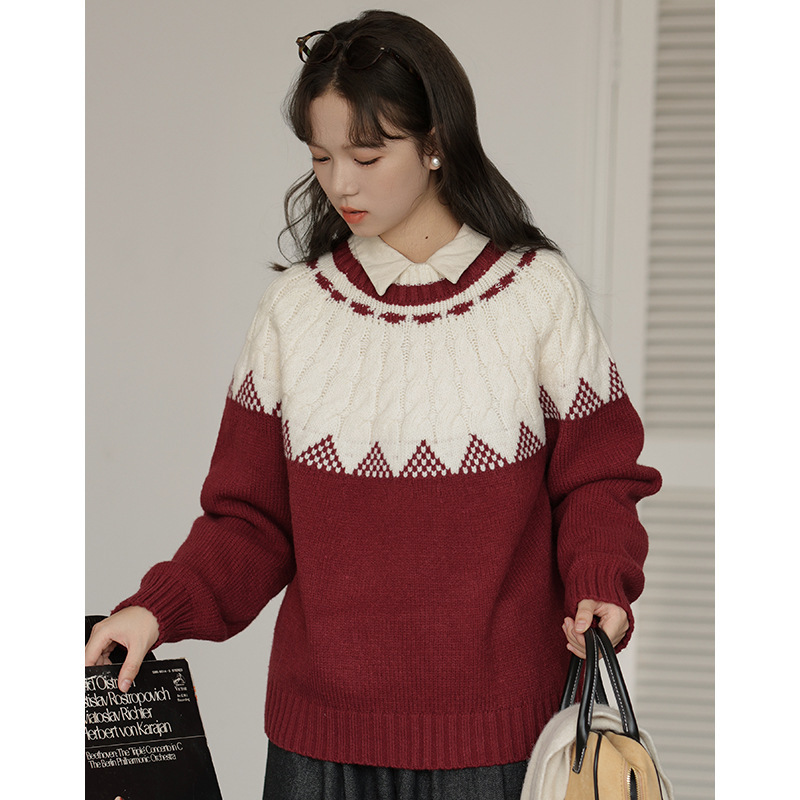 女士秋季日系小清新磨毛寬鬆長袖襯衫+紅白毛衣