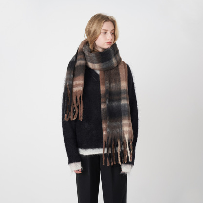 多色條紋格流蘇圍巾