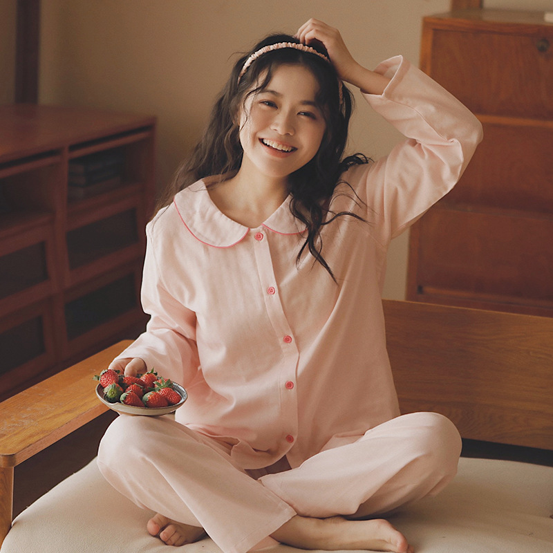 女士春秋純棉紗布娃娃領長袖長褲居家服