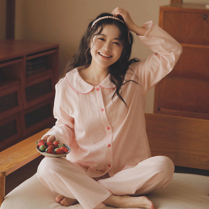 女士春秋純棉紗布娃娃領長袖長褲居家服