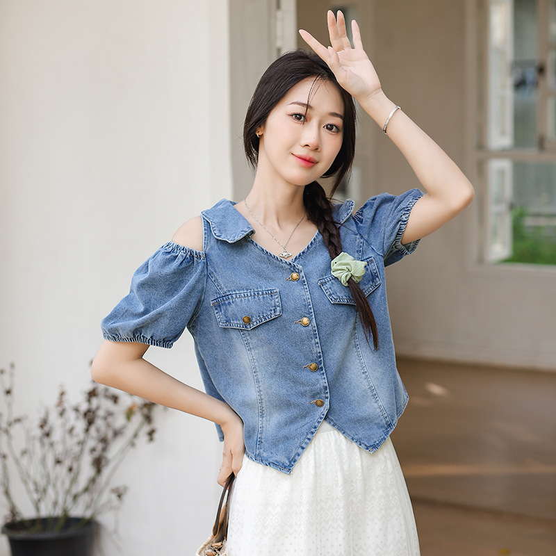 女夏露肩V領牛仔泡泡短袖襯衫