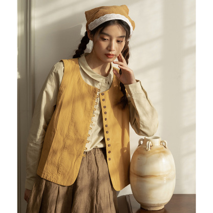 女士春秋復古多排扣短款黃色馬甲