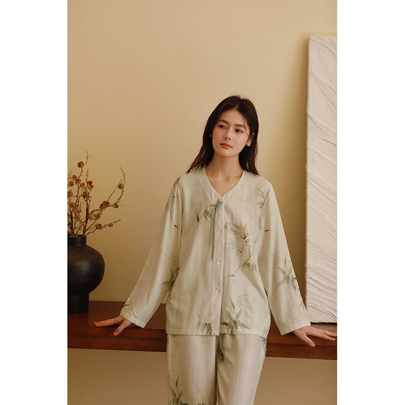 女款竹棉竹韻印花桃心領套頭長袖睡衣套裝