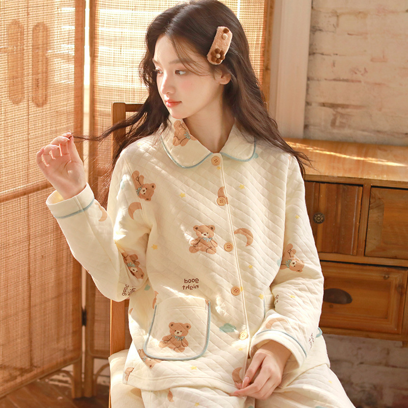 女春秋冬全棉夾棉小熊長袖家居服