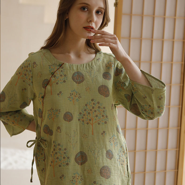 女士四季款古風樹葉印花長袖圓領家居服