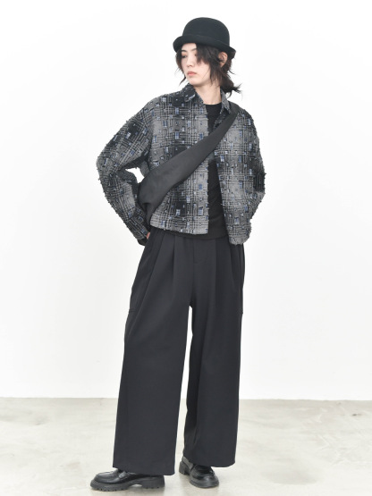 女士秋冬立體格紋磨破設計短款夾棉外套