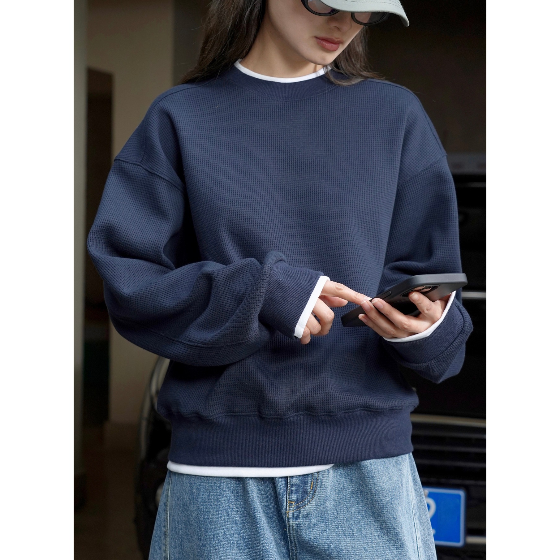 女士春秋假兩件華夫格衛衣