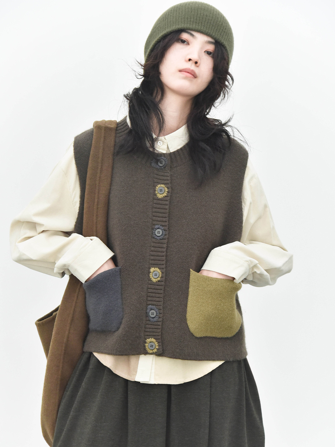 女士秋冬撞色手工扣眼針織馬甲