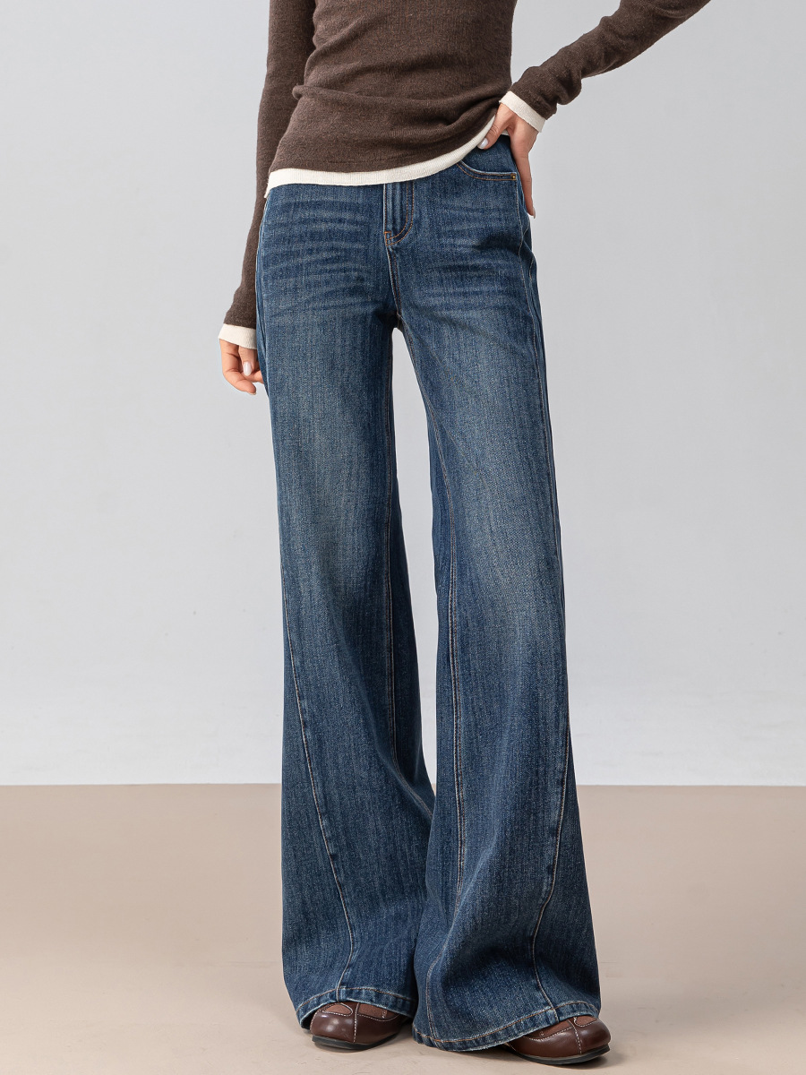 女士秋季復古微喇拖地牛仔褲