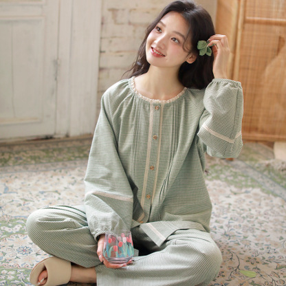 女士秋冬純棉磨毛花邊小圓領長袖長褲家居服