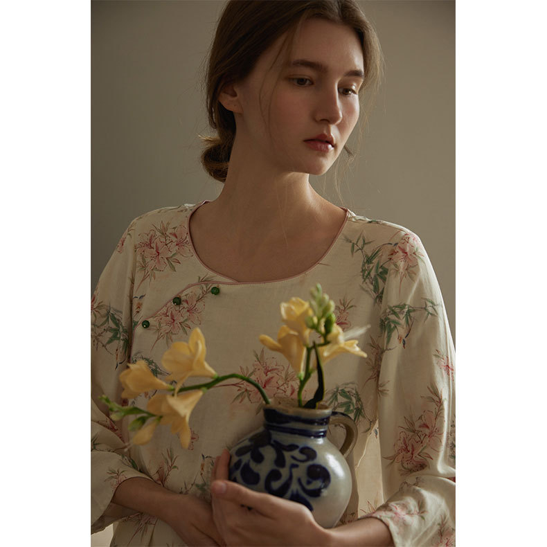 女款竹棉國風斜襟南笙印花長袖睡衣套裝