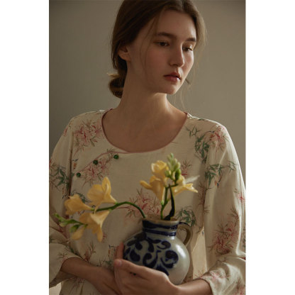 女款竹棉國風斜襟南笙印花長袖睡衣套裝