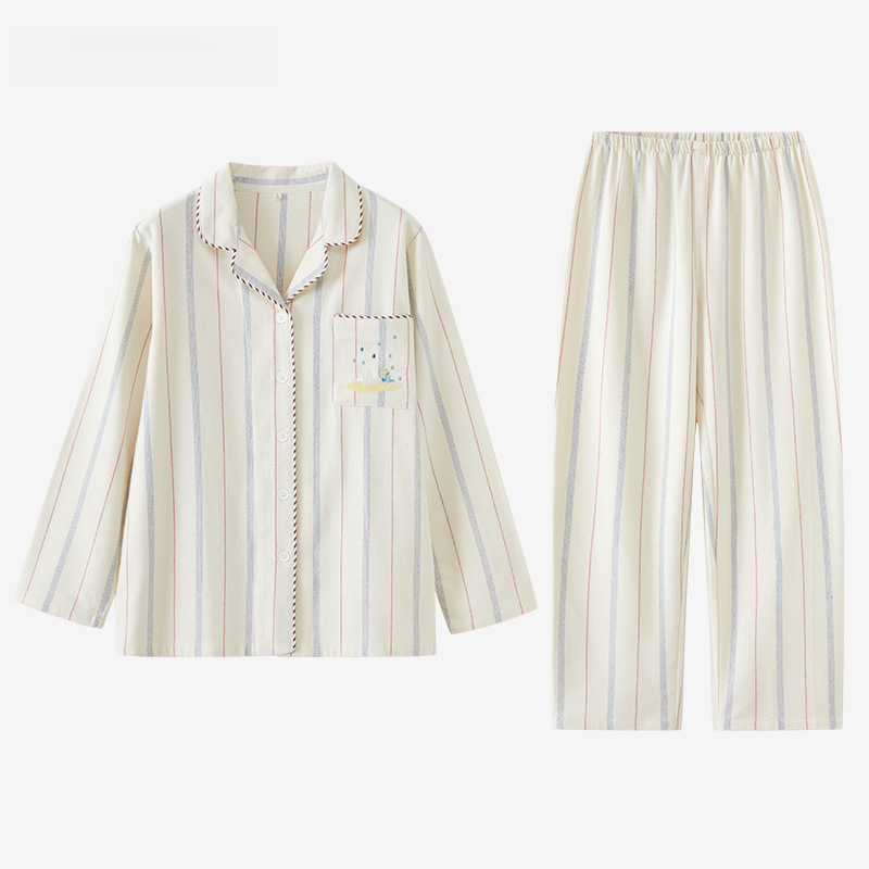 女士情侶款秋冬全棉磨毛光芒翻領長袖長褲居家服