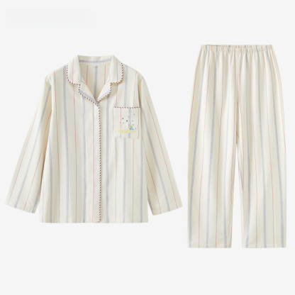 女士情侶款秋冬全棉磨毛光芒翻領長袖長褲居家服