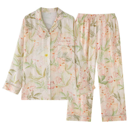 女士貢緞淡雅森系印花翻領口袋長袖睡衣套裝