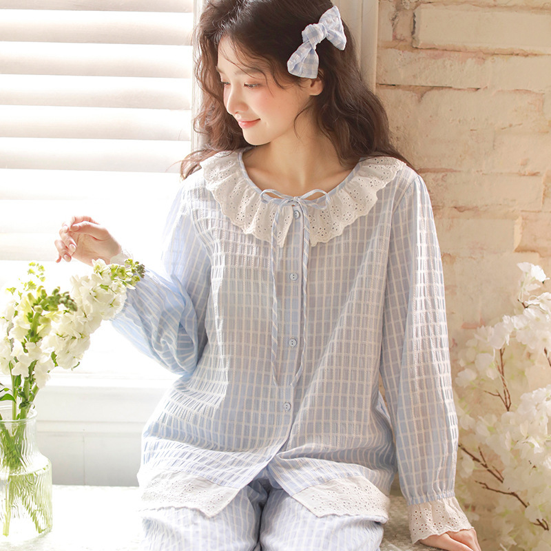 女款棉紗粉藍花邊長袖長褲睡衣套裝