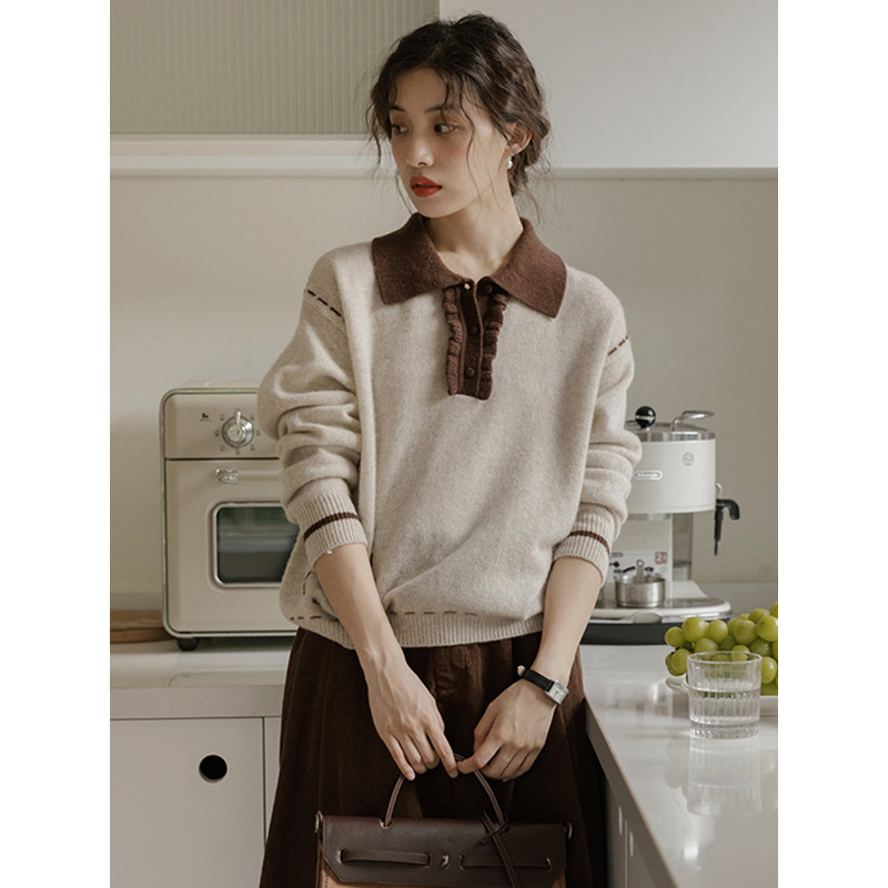女士秋冬撞色POLO領羊駝絨毛衣
