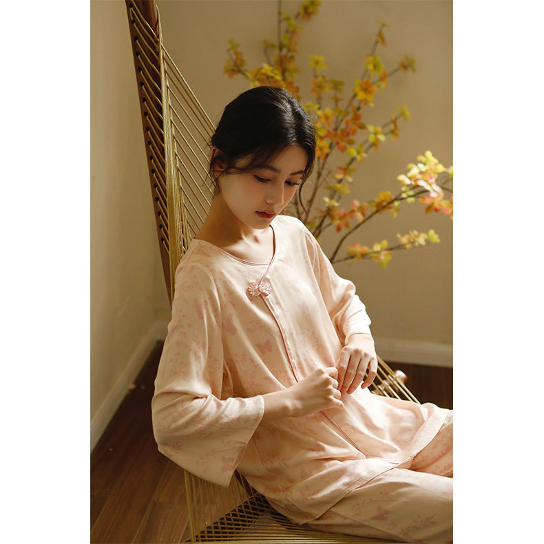 女款貢緞國風斜襟扣竹林印花睡衣套裝