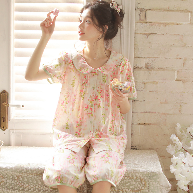女款夏季娃娃領粉色短袖中褲家居服