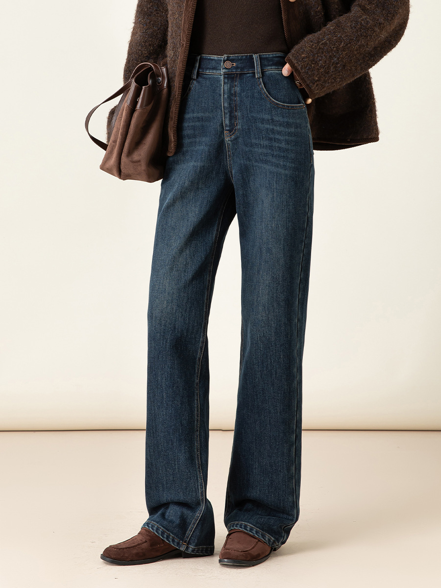 女士冬季加絨高腰直筒牛仔褲