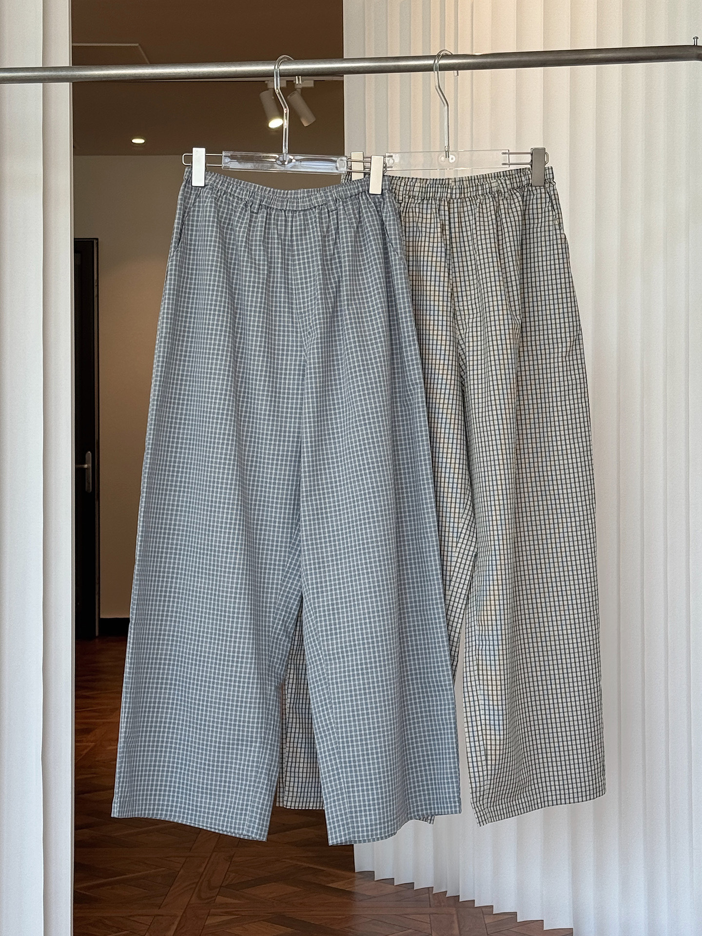 女夏細格紋寬鬆闊腿長褲