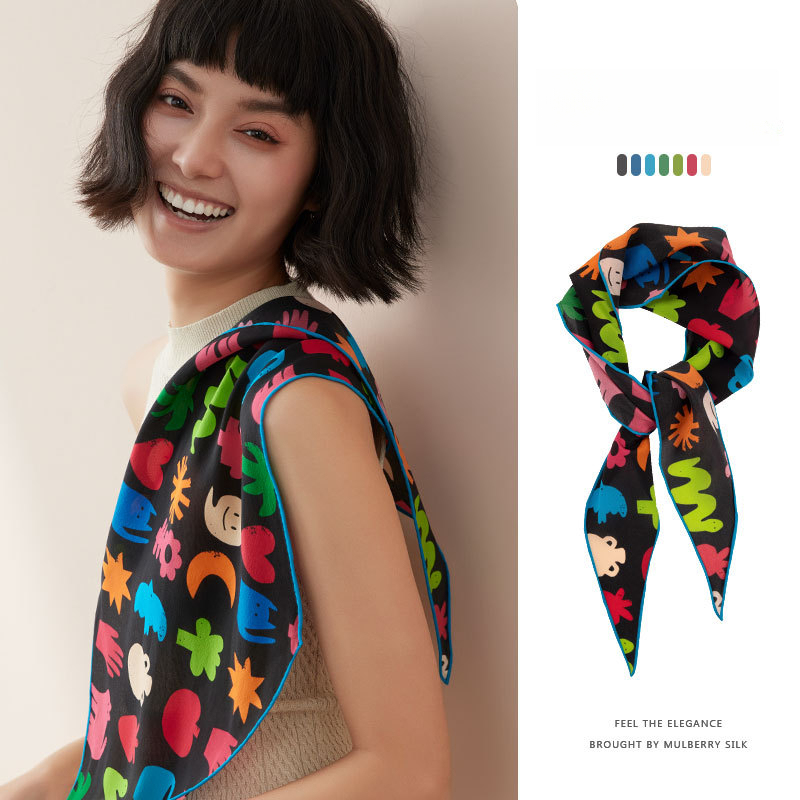 桑蠶絲趣味塗鴉三角絲巾綁髮綁包