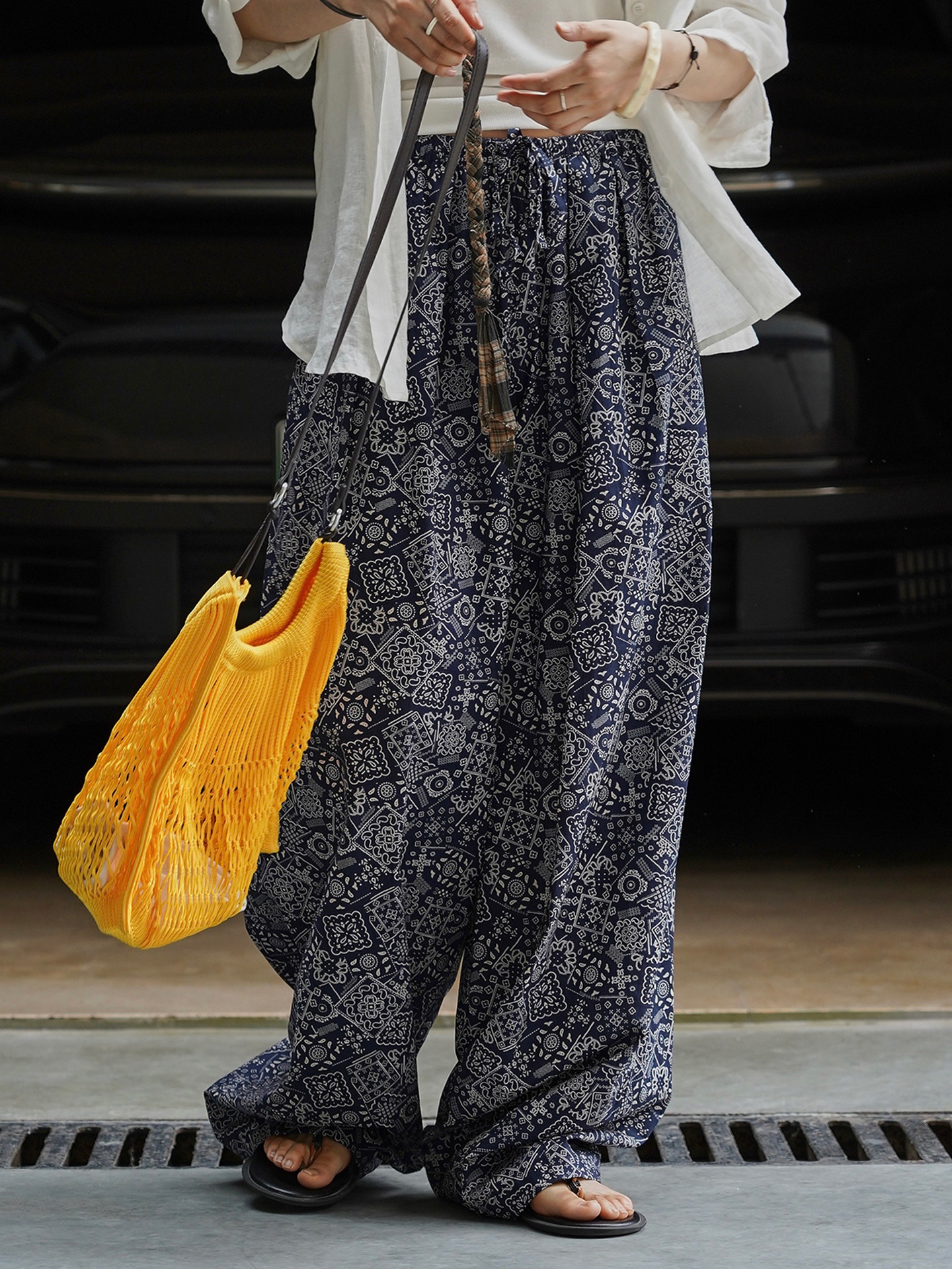 女士春秋波西米亞風腰果花休閒褲