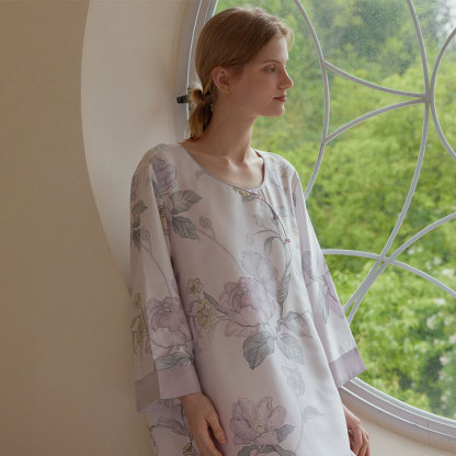 中國風復古斜襟扣天絲印花長袖睡裙