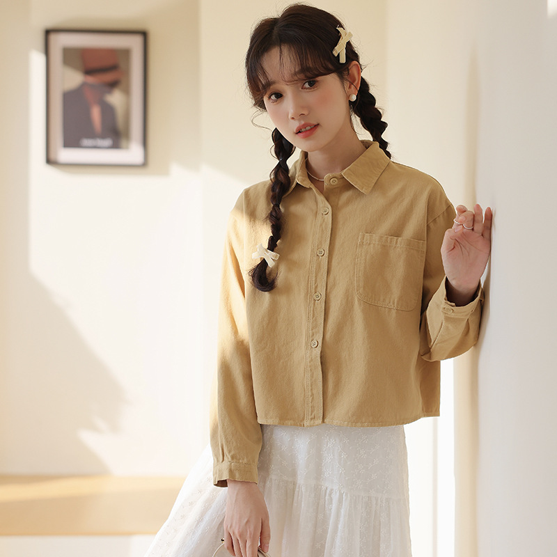 女士春季短款POLO領長袖襯衫
