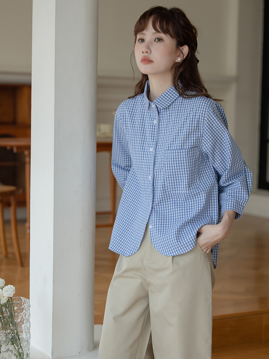 女士春秋polo領格紋短款長袖襯衫