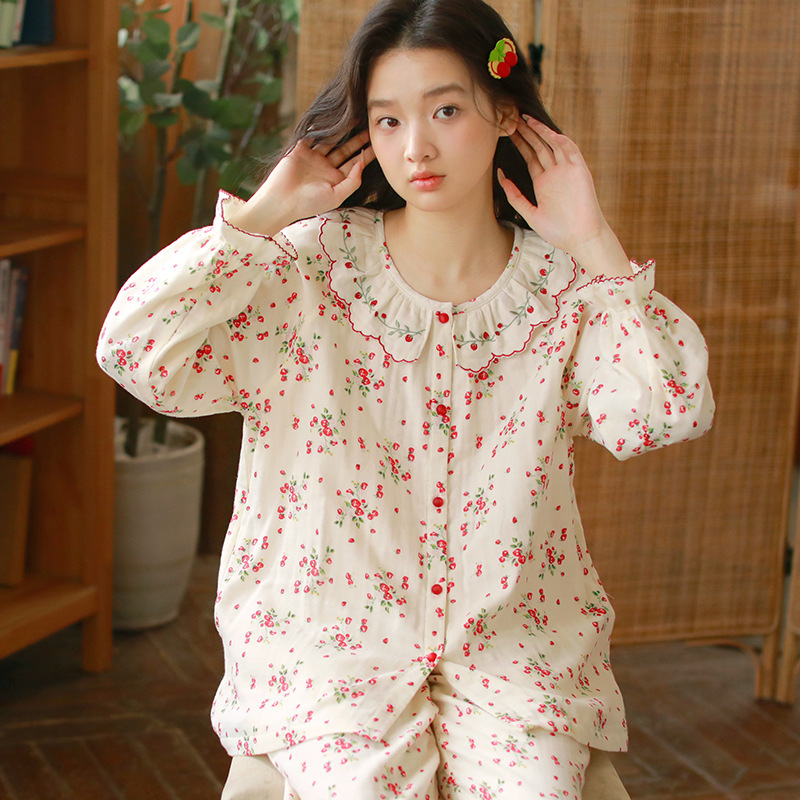 女士春秋薄款三層棉紗長袖長褲居家服