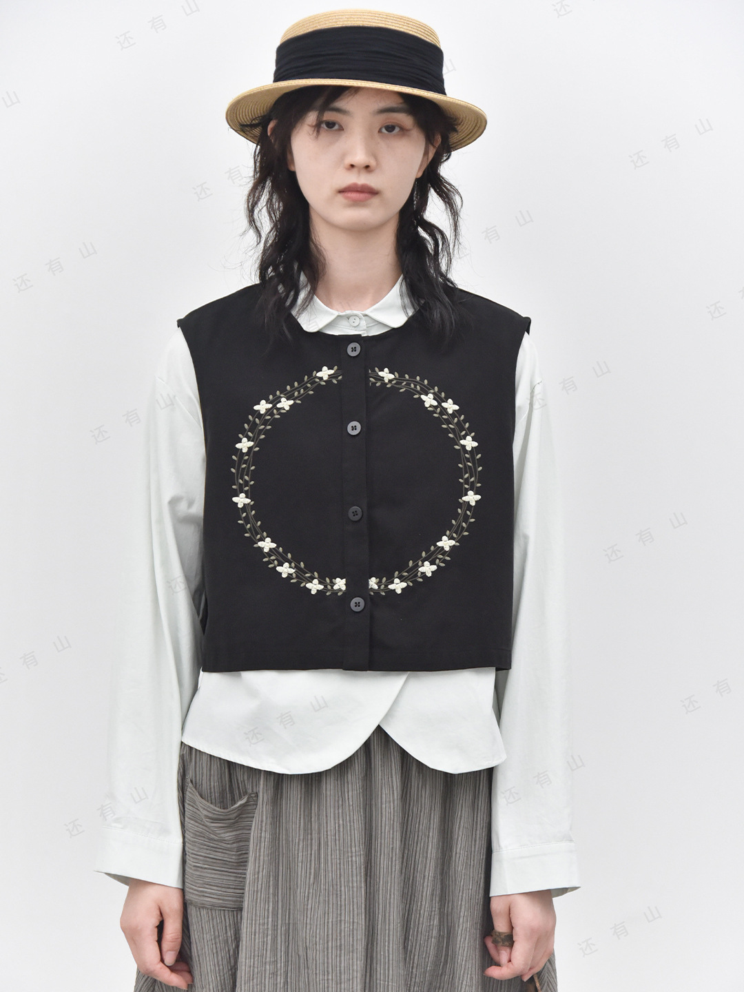 女士春秋花環刺繡純棉馬甲