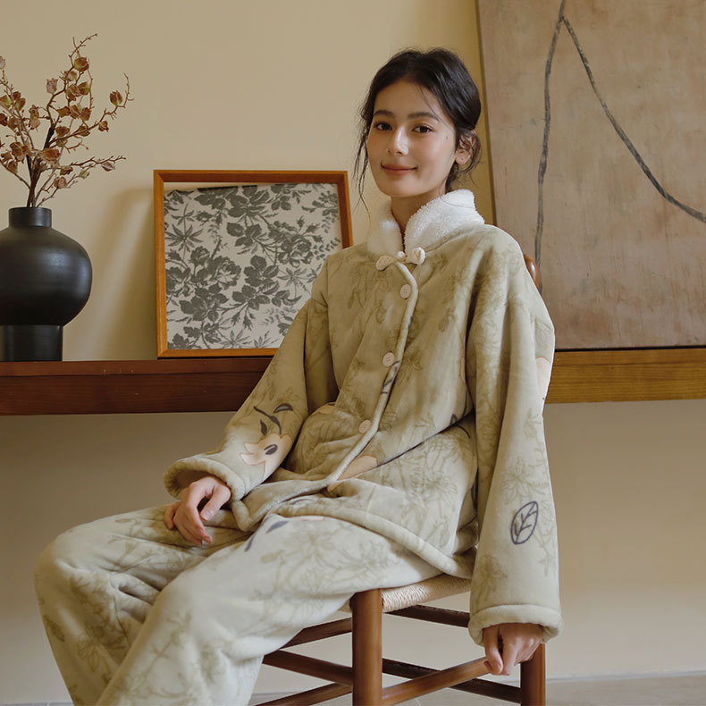 女士冬季古風印花立領睡衣套裝