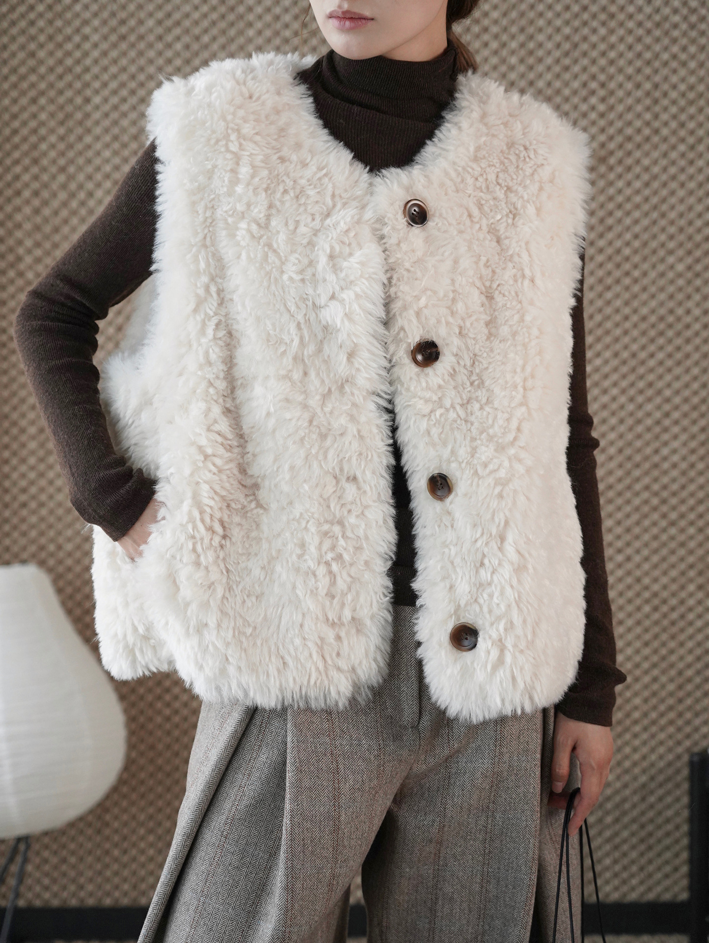 女士冬季單排扣仿馬毛馬甲