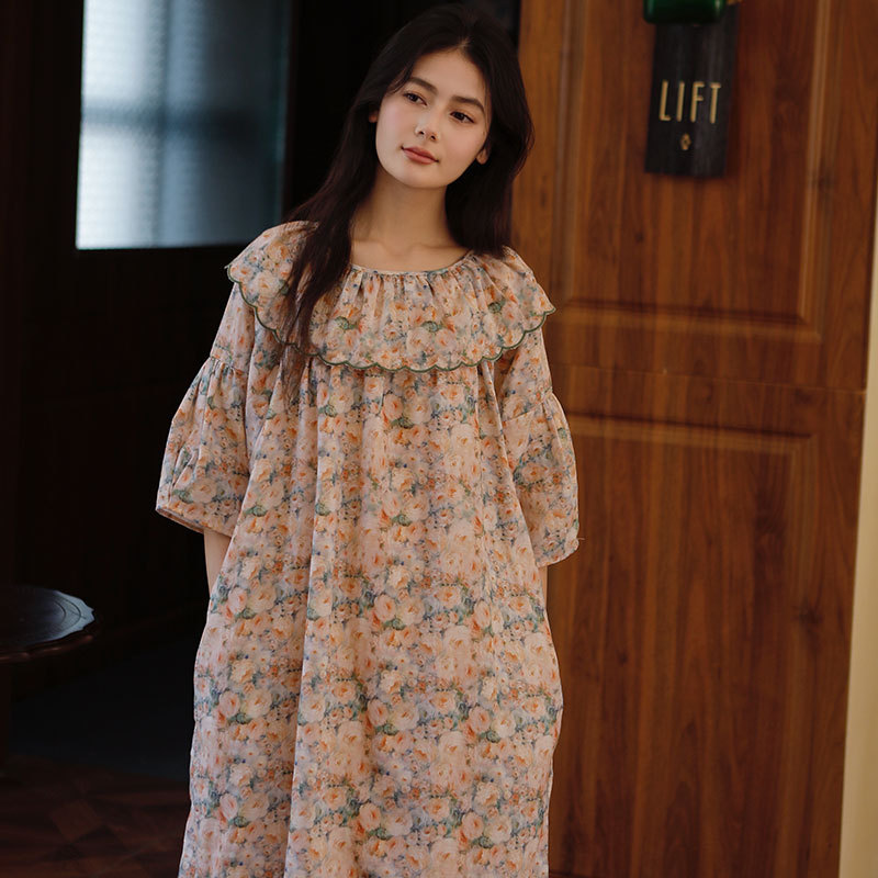 女士純棉雙層紗布廓版印花睡裙