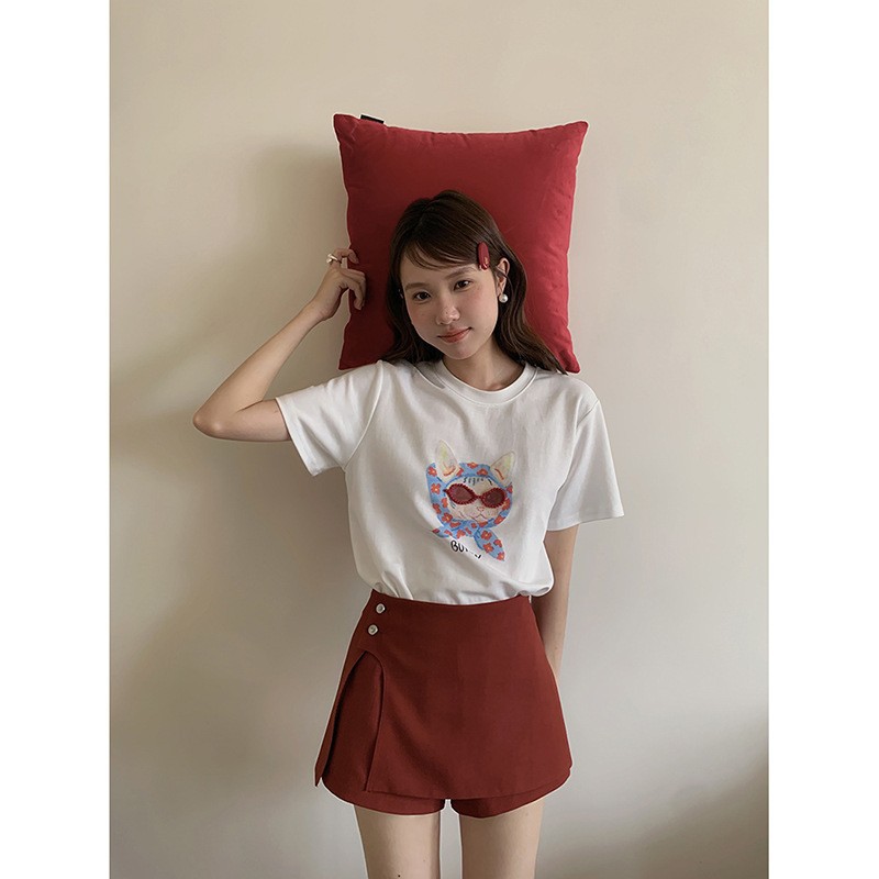 女夏韓系釘珠眼鏡印花T恤
