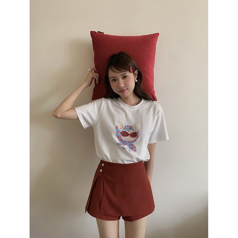 女夏韓系釘珠眼鏡印花T恤