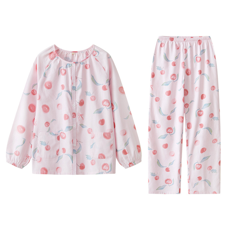 女士春秋冬純棉磨毛甜桃長袖長褲居家服