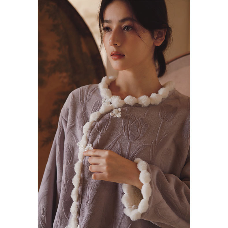 女士秋冬加絨鬱金香提花民國風睡衣