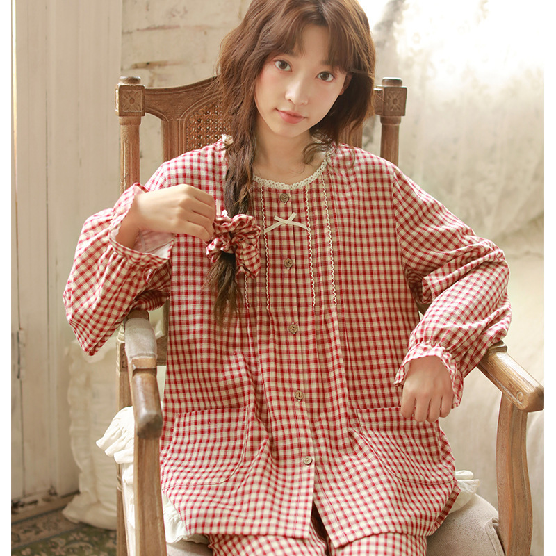 女士秋季純棉紗布格紋圓領長袖長褲居家服