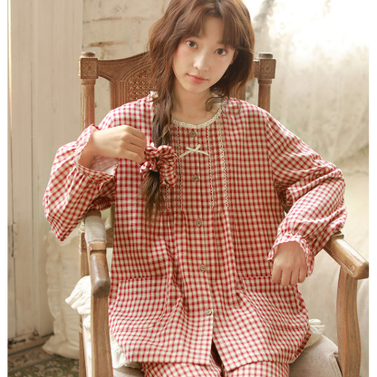 女士秋季純棉紗布格紋圓領長袖長褲居家服