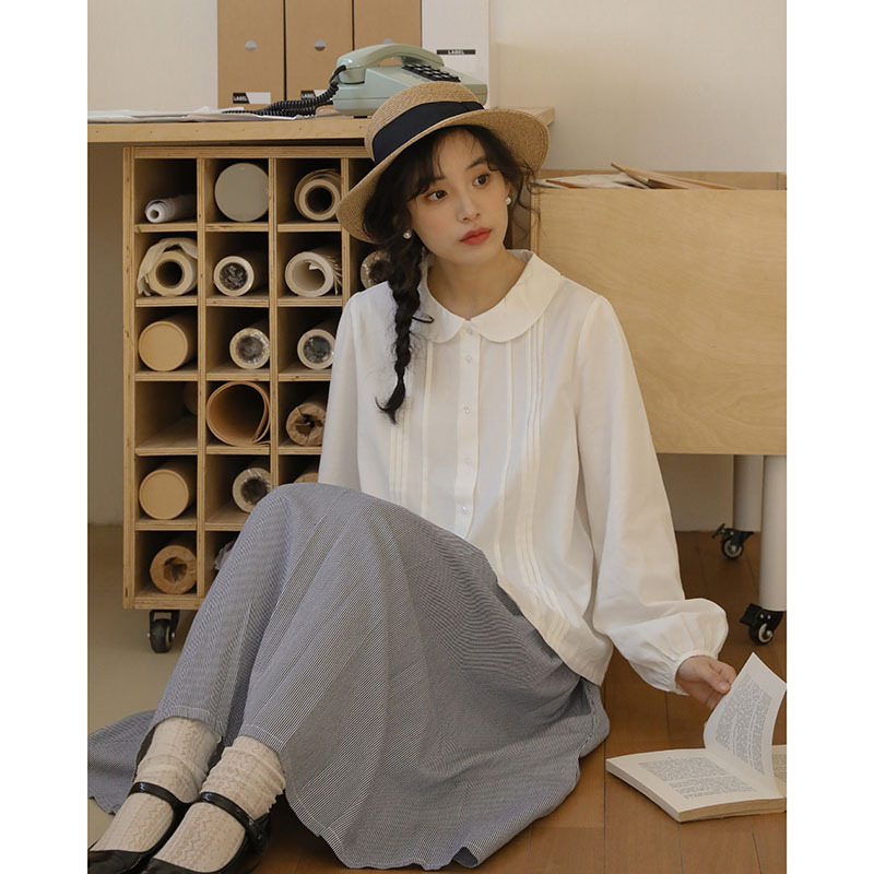 女士秋季日系娃娃領白襯衫+牛仔馬甲