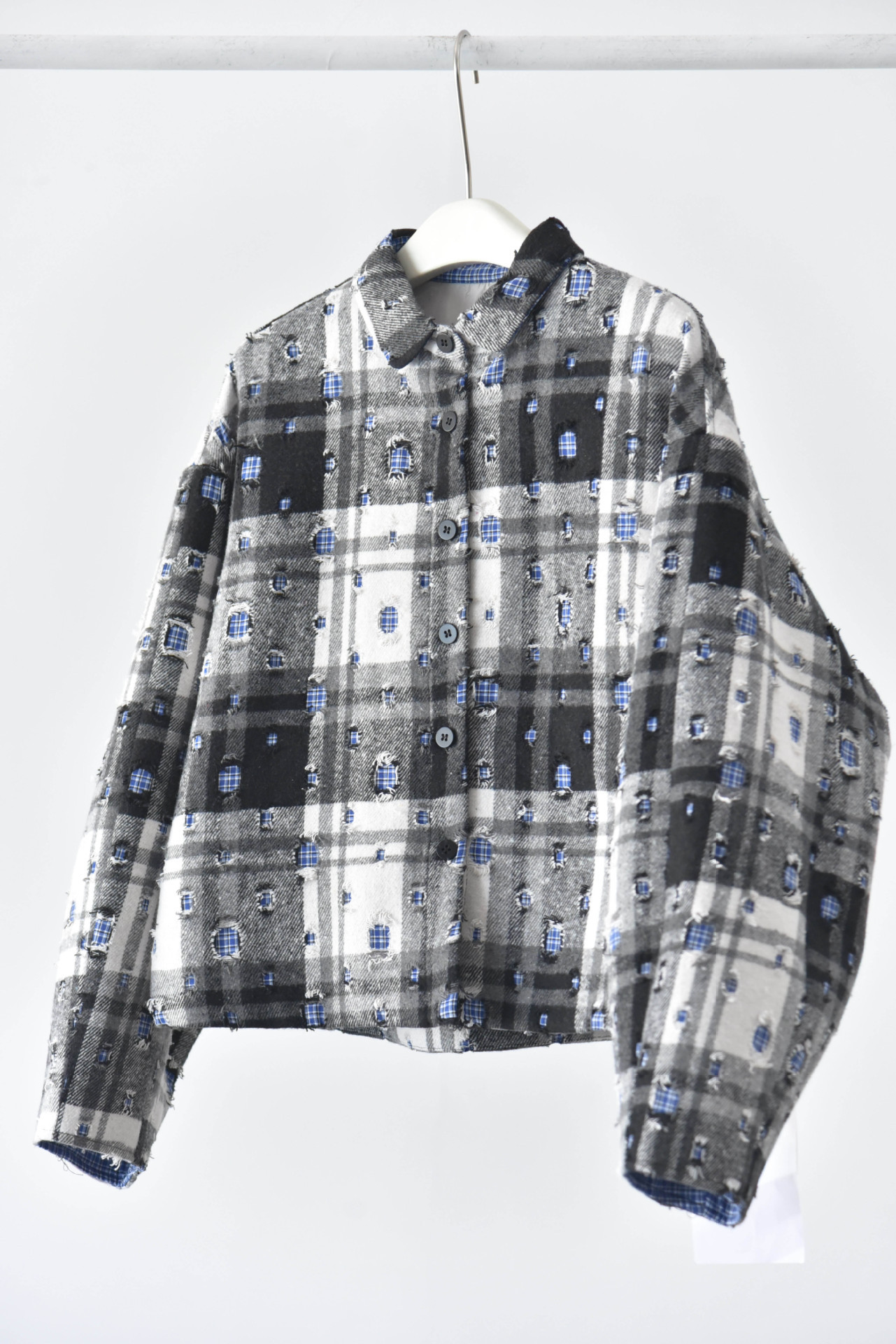 女士秋冬立體格紋磨破設計短款夾棉外套