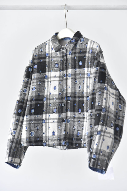 女士秋冬立體格紋磨破設計短款夾棉外套