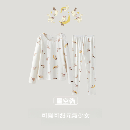 女士秋季純棉插畫風印花秋衣秋褲套裝