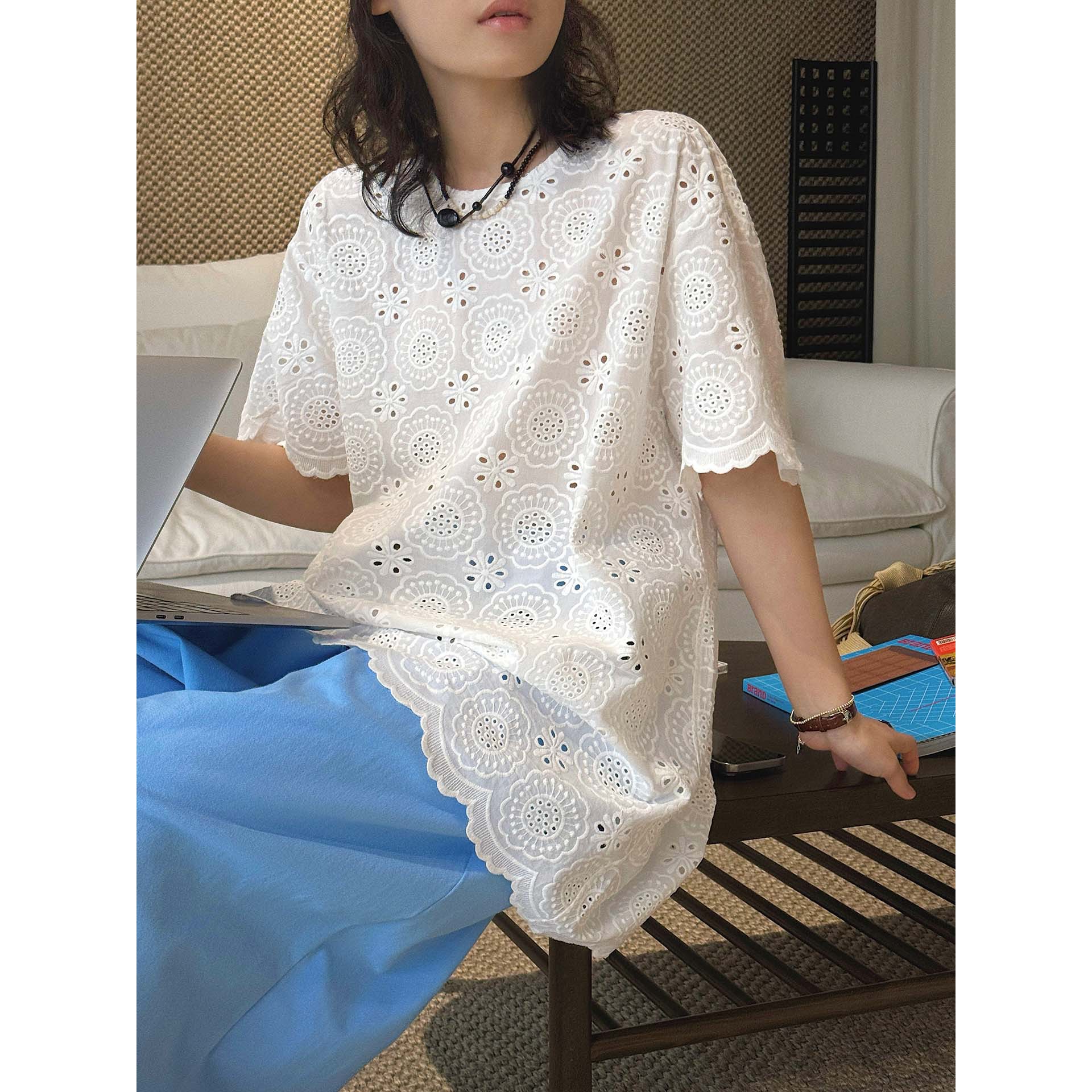 女春夏立體花朵紋印記短袖襯衫