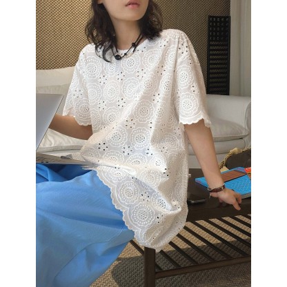女春夏立體花朵紋印記短袖襯衫