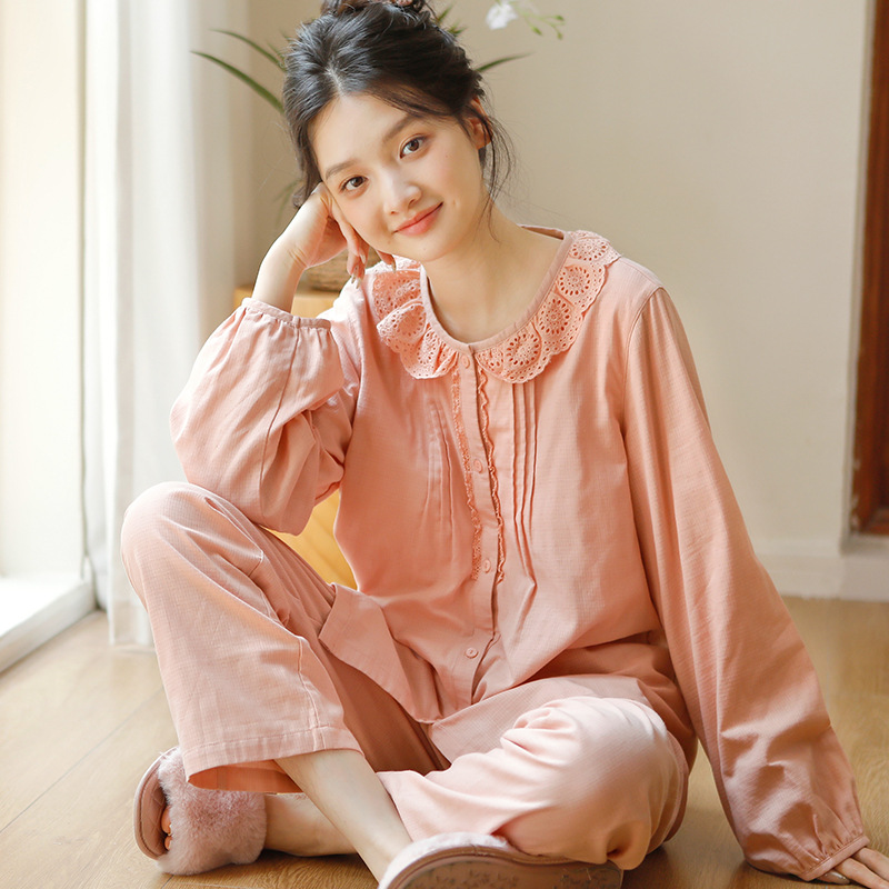 女士春秋純棉蕾絲花邊薄款家居服